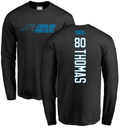 Carolina Panthers Men Black Ian Thomas Backer NFL Football #80 Long Sleeve T Shirt